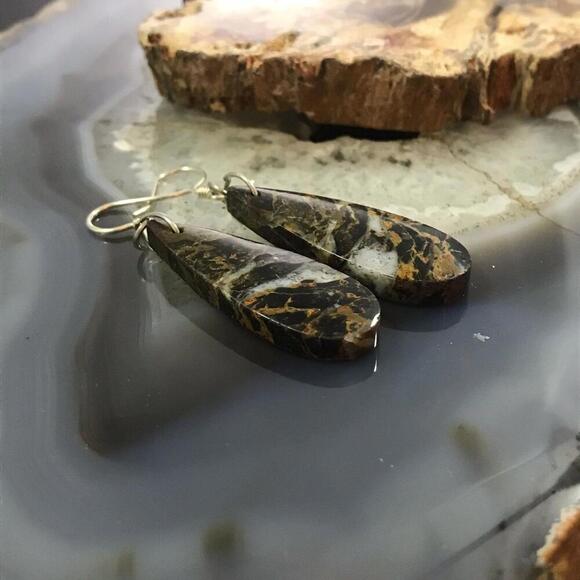 Sterling Silver Elongated Teardrop Black Mizone Slab Dangle Earrings #214 - Picture 3 of 10